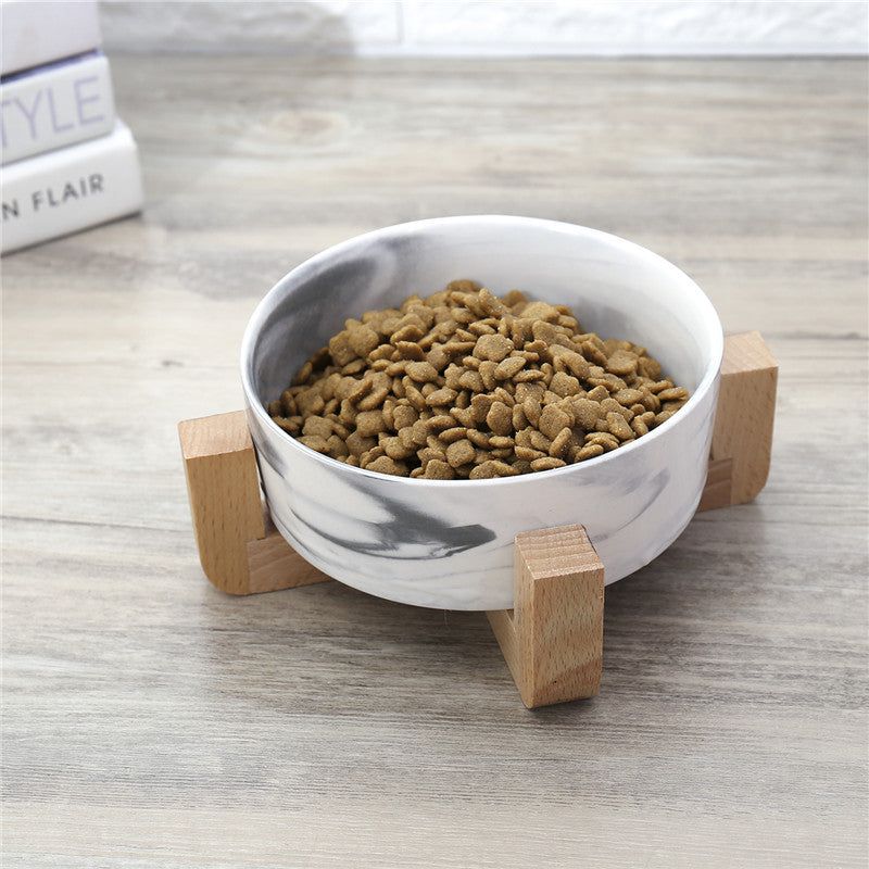 KFX-7946557 Elegant Ceramic Marble Cat Rice Bowl with Ju Wood Frame - Available in Pink and Blue Marbling