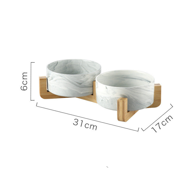 KFX-7946557 Elegant Ceramic Marble Cat Rice Bowl with Ju Wood Frame - Available in Pink and Blue Marbling