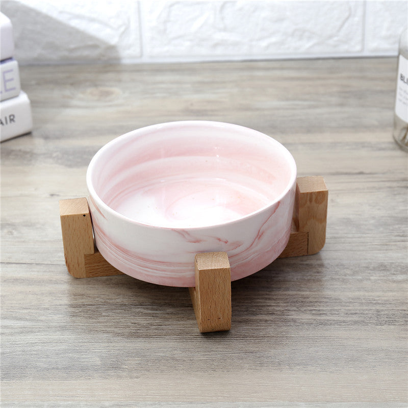 KFX-7946557 Elegant Ceramic Marble Cat Rice Bowl with Ju Wood Frame - Available in Pink and Blue Marbling