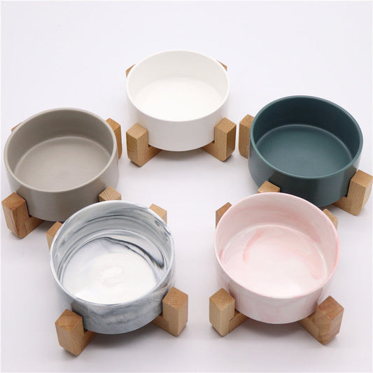 KFX-7946557 Elegant Ceramic Marble Cat Rice Bowl with Ju Wood Frame - Available in Pink and Blue Marbling