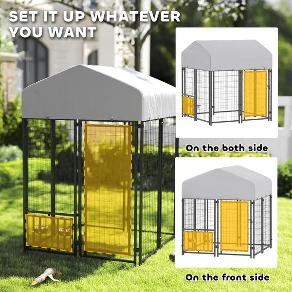 KFX-7955773 Outdoor Dog Kennel with Rotating Adjustable Feeding Station and UV-Resistant Roof