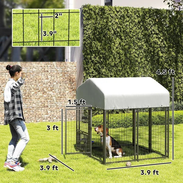 KFX-7955773 Outdoor Dog Kennel with Rotating Adjustable Feeding Station and UV-Resistant Roof