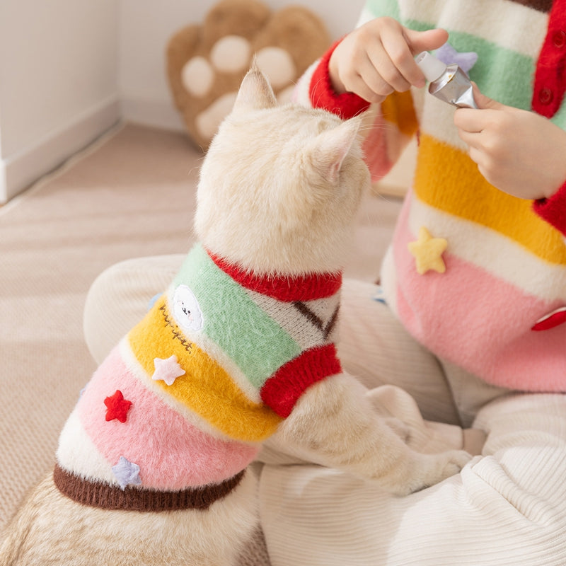 KFX-7956669 Rainbow Striped Parent-Child Sweater for Cats and Dogs with Star Patches