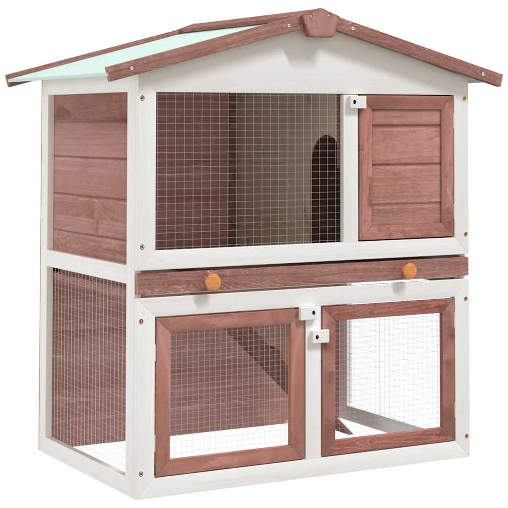 KFX-7959485 Two-Level Wooden Rabbit Hutch with Three Doors and Cozy Interior for Small Pets