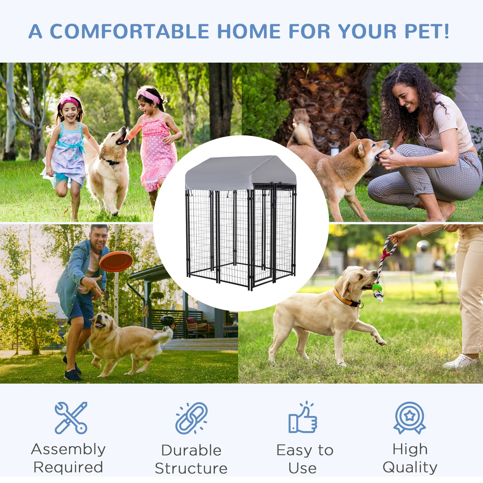 KFX-7961533 Outdoor Dog Kennel with Roof - Spacious 16 sq. ft Enclosure, Heavy-Duty Steel Frame, Waterproof and UV-Resistant Cover
