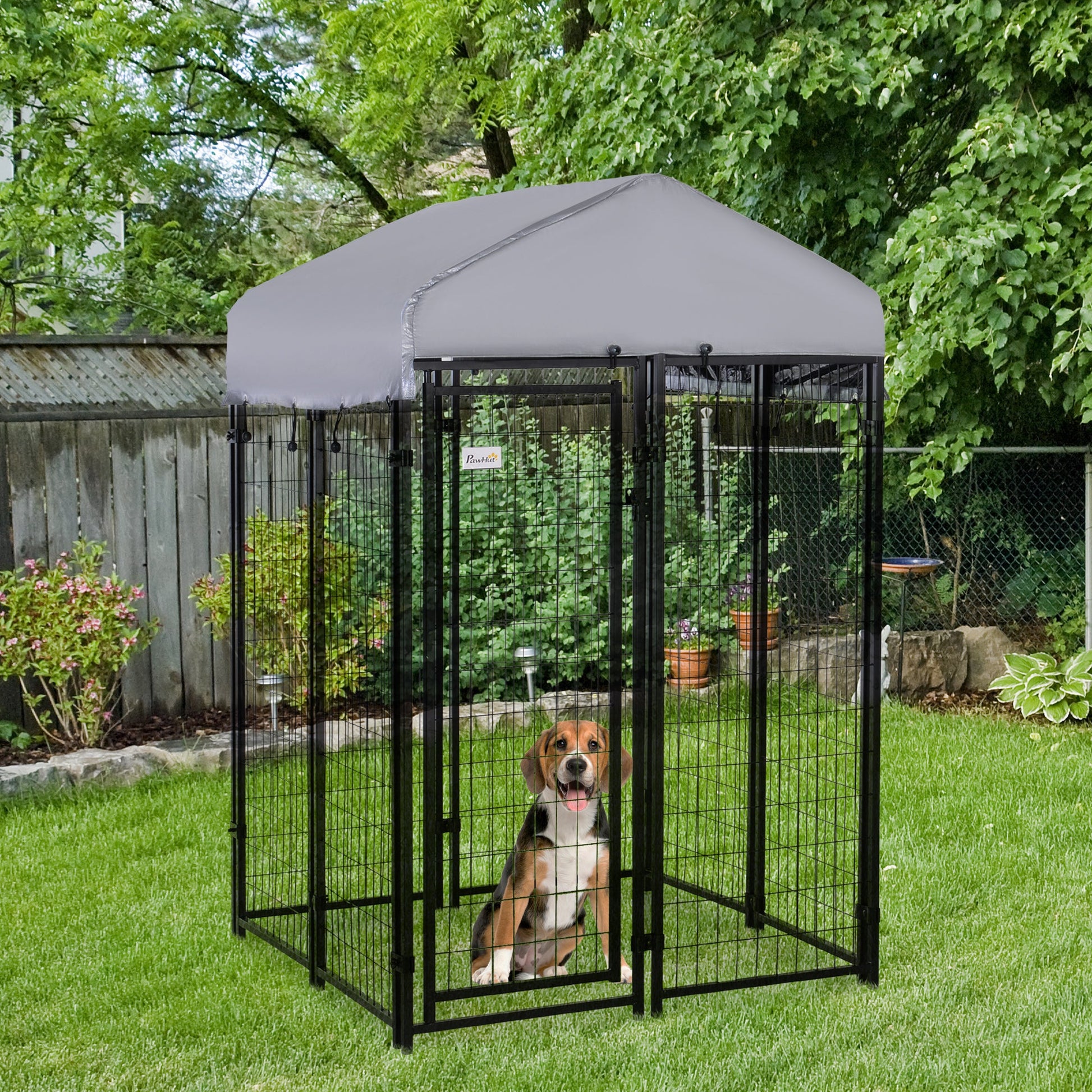 KFX-7961533 Outdoor Dog Kennel with Roof - Spacious 16 sq. ft Enclosure, Heavy-Duty Steel Frame, Waterproof and UV-Resistant Cover