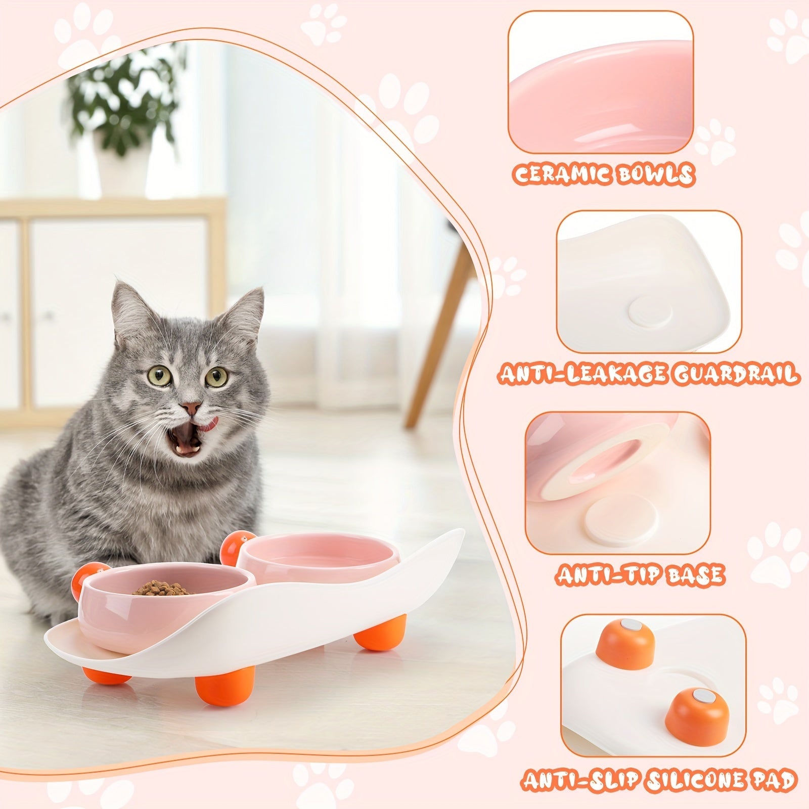 KFX-7965117 Elevated Ceramic Cat Bowl Set with Non-Slip Support for Food and Water, Washable for Cats and Small Dogs