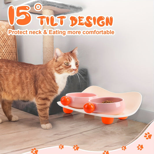 KFX-7965117 Elevated Ceramic Cat Bowl Set with Non-Slip Support for Food and Water, Washable for Cats and Small Dogs