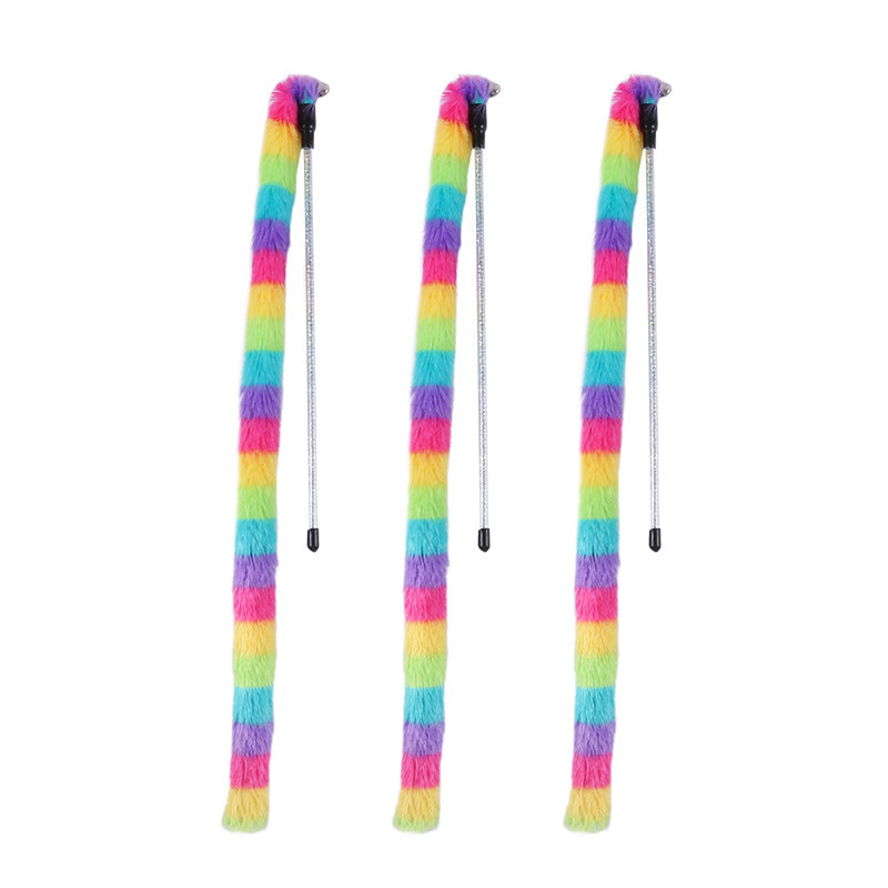 KFX-7968445 Rainbow Striped Long Plush Cat Teaser Toy for Interactive Play