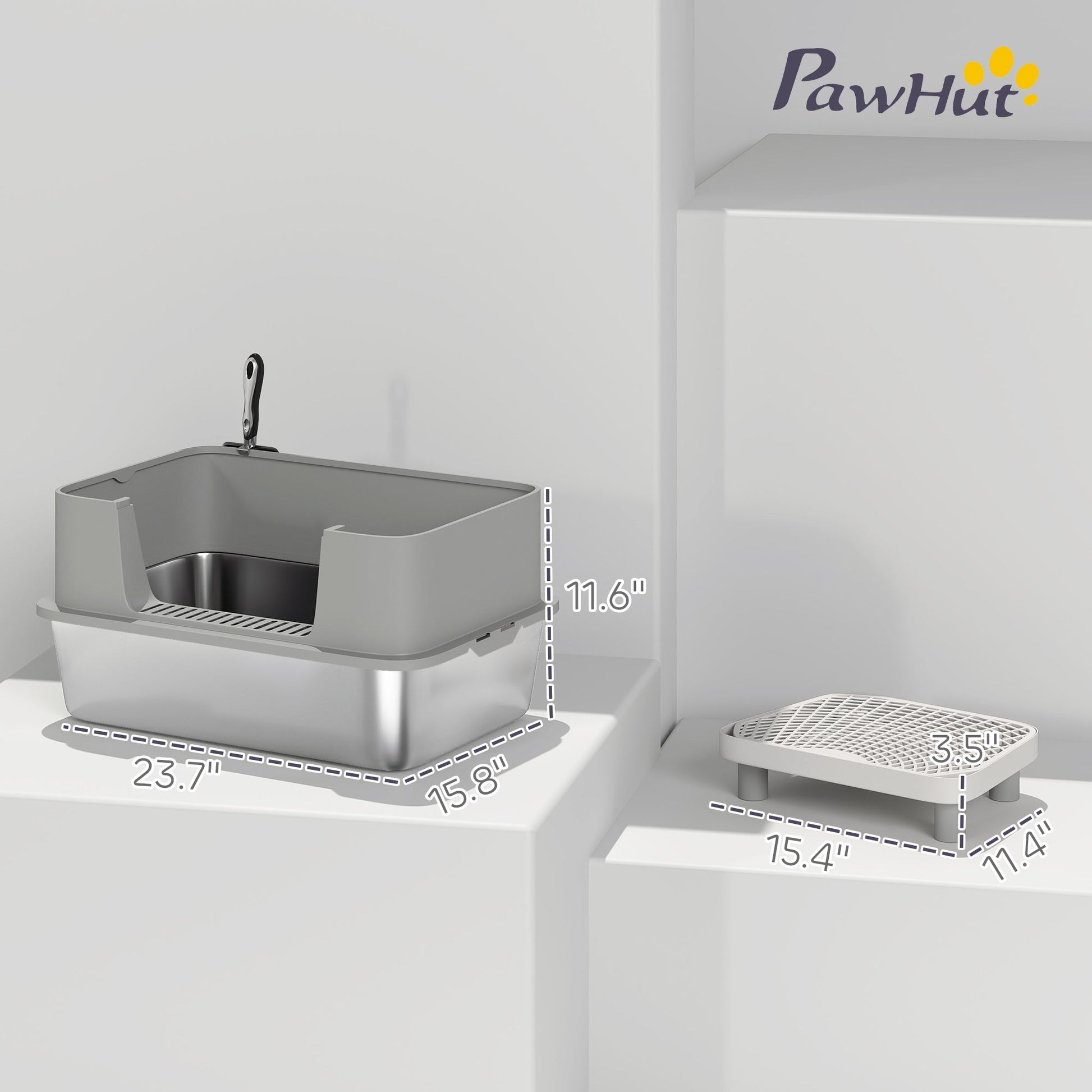 KFX-7974845 Stainless Steel Cat Litter Box with High Sides, Scoop, and Anti-Urine Leakage Design