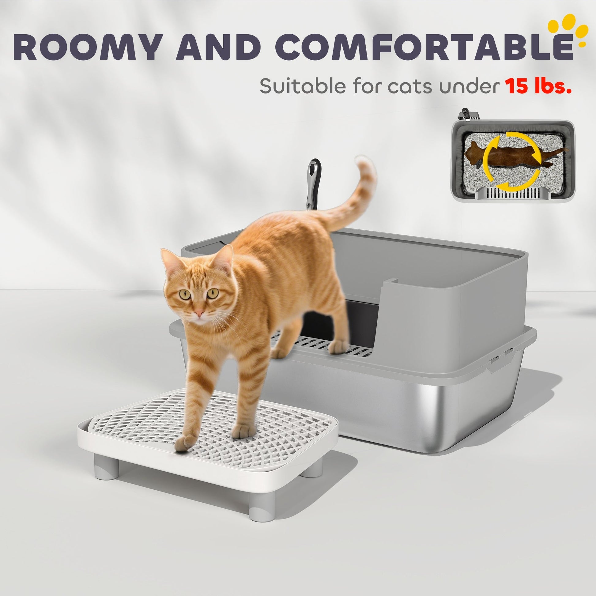 KFX-7974845 Stainless Steel Cat Litter Box with High Sides, Scoop, and Anti-Urine Leakage Design