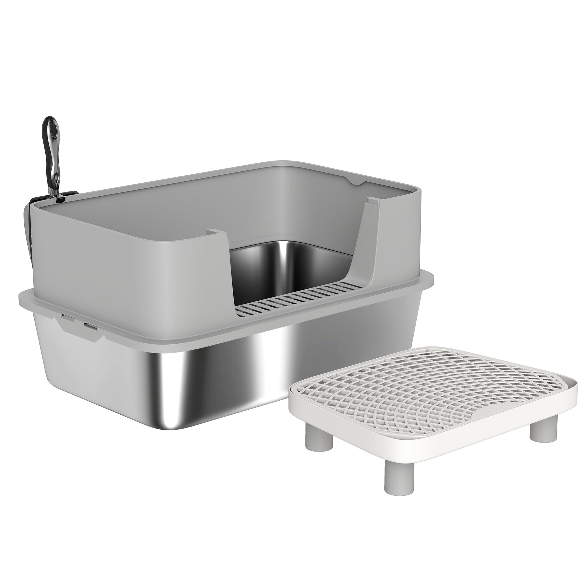 KFX-7974845 Stainless Steel Cat Litter Box with High Sides, Scoop, and Anti-Urine Leakage Design