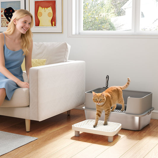 KFX-7974845 Stainless Steel Cat Litter Box with High Sides, Scoop, and Anti-Urine Leakage Design