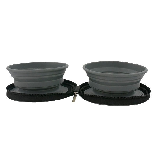 KFX-7975357 Folding Outdoor Pet Bowl Set for Water and Food, TPR & Oxford Cloth - Gray, 17.5 x 17 x 4.9cm