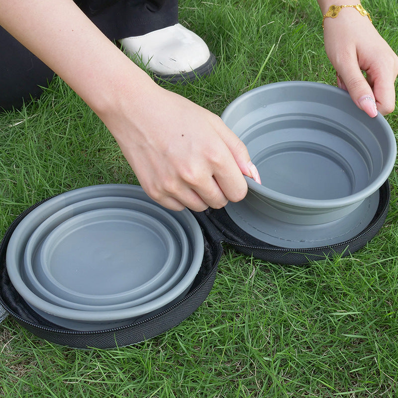 KFX-7975357 Folding Outdoor Pet Bowl Set for Water and Food, TPR & Oxford Cloth - Gray, 17.5 x 17 x 4.9cm