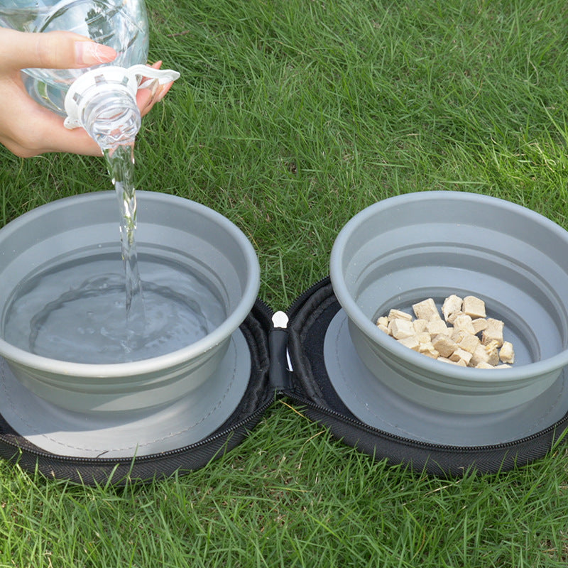 KFX-7975357 Folding Outdoor Pet Bowl Set for Water and Food, TPR & Oxford Cloth - Gray, 17.5 x 17 x 4.9cm