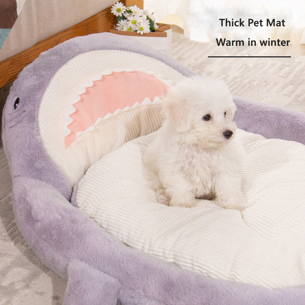 KFX-7976637 Cozy Shark Pattern Pet Bed for Small to Medium Dogs and Cats - Soft Velvet Cushion Sleeping Mat