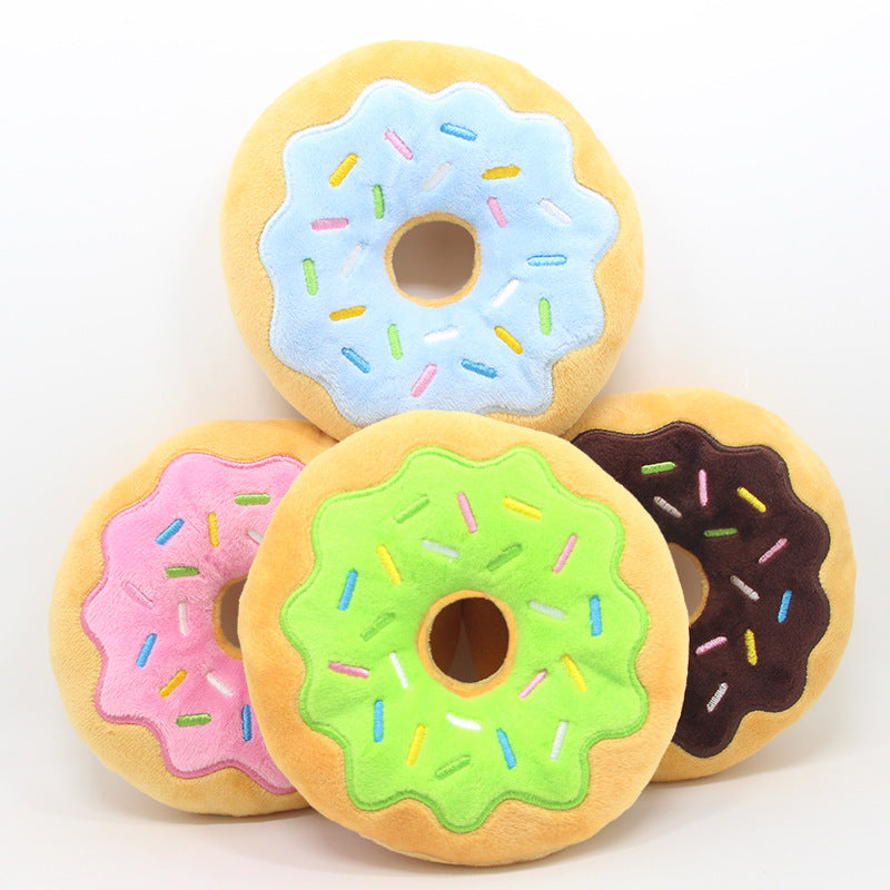 KFX-7979965 Donut Plush Toy for Dogs - 15Cm Bagel Sounding Toy in Pink, Brown, Green, and Blue