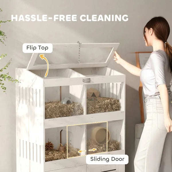 KFX-7988541 Spacious Hamster Cage with Clear Panels and Storage Cabinet for Multiple Small Pets