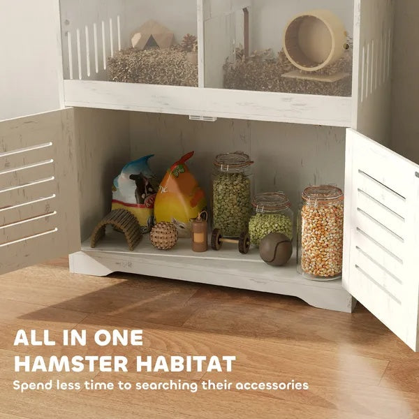 KFX-7988541 Spacious Hamster Cage with Clear Panels and Storage Cabinet for Multiple Small Pets