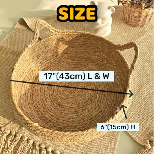 KFX-7992125 Natural Woven Cat Bed with Soft Cushion – Handmade Braided Cattail Leaf Pet House, Eco-Friendly Straw Nest