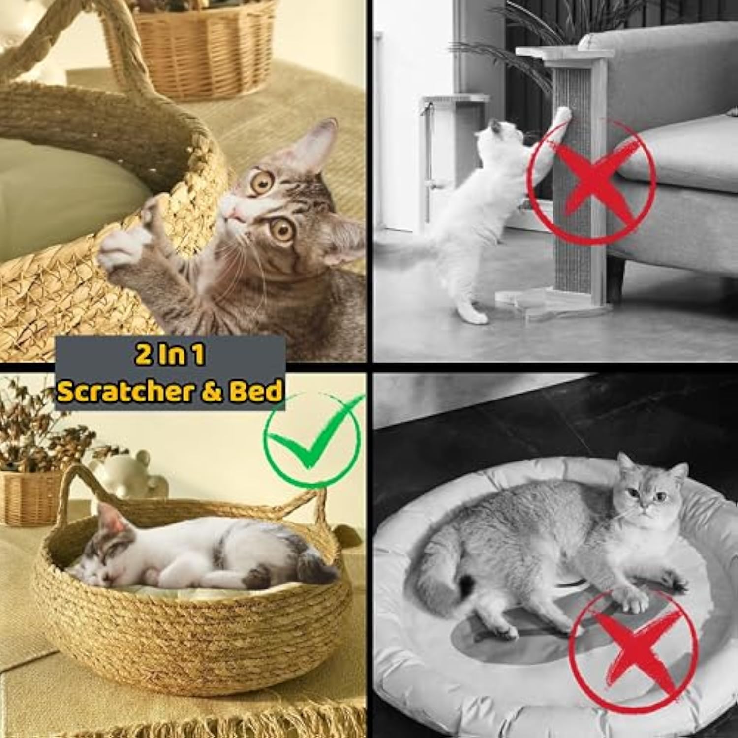 KFX-7992125 Natural Woven Cat Bed with Soft Cushion – Handmade Braided Cattail Leaf Pet House, Eco-Friendly Straw Nest