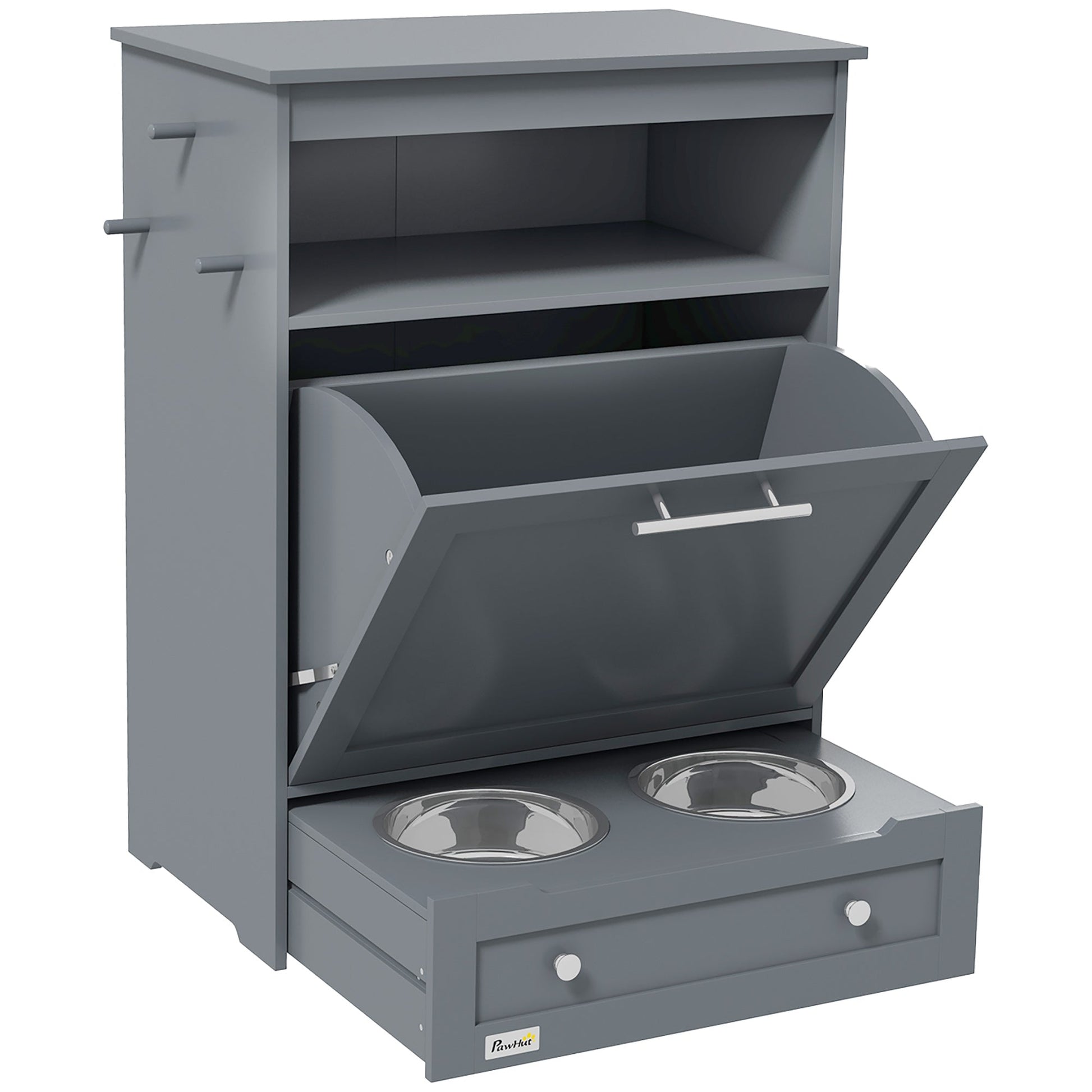 KFX-7994429 Pet Feeder Station with Storage, Raised Bowl, and Hooks for Supplies - Grey