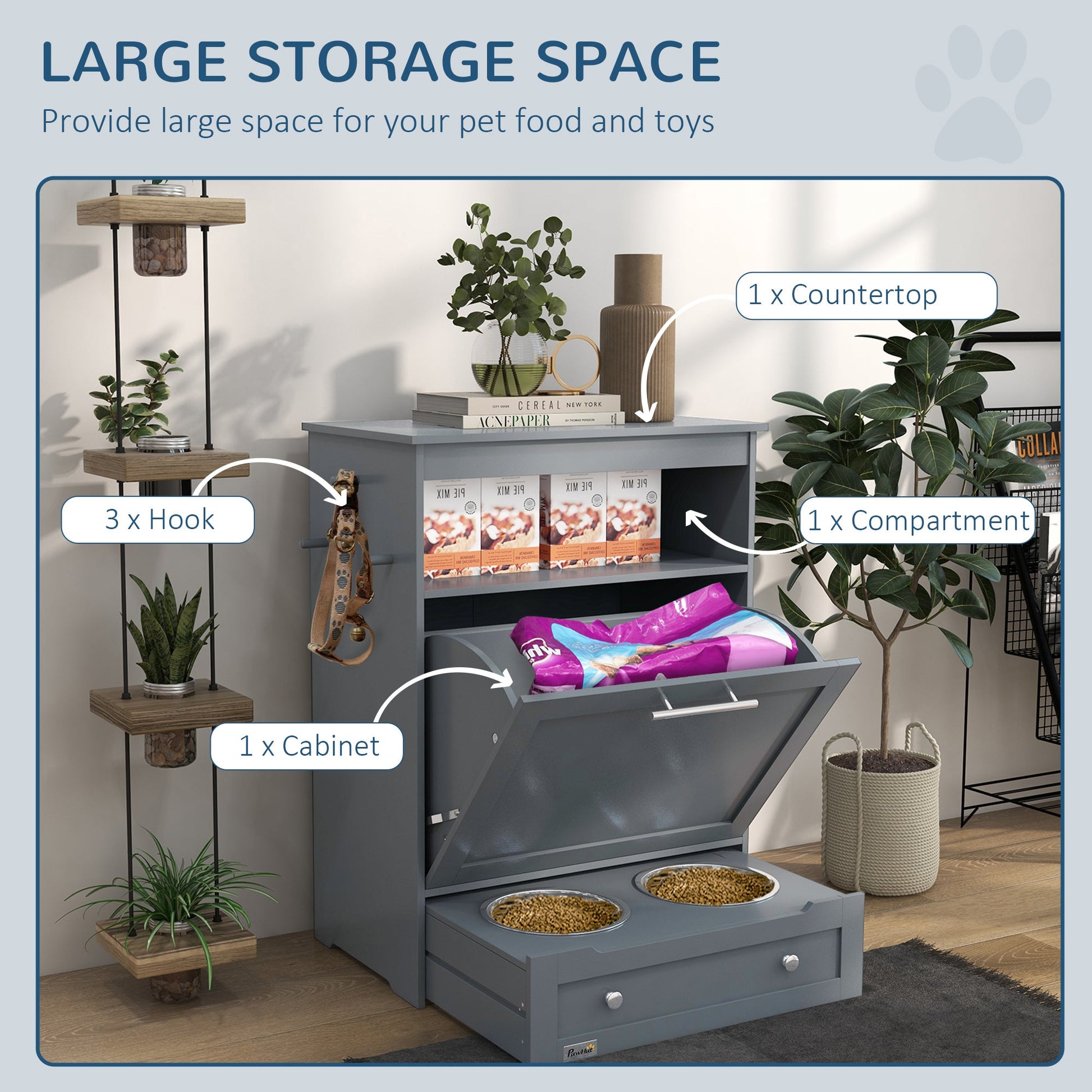 KFX-7994429 Pet Feeder Station with Storage, Raised Bowl, and Hooks for Supplies - Grey