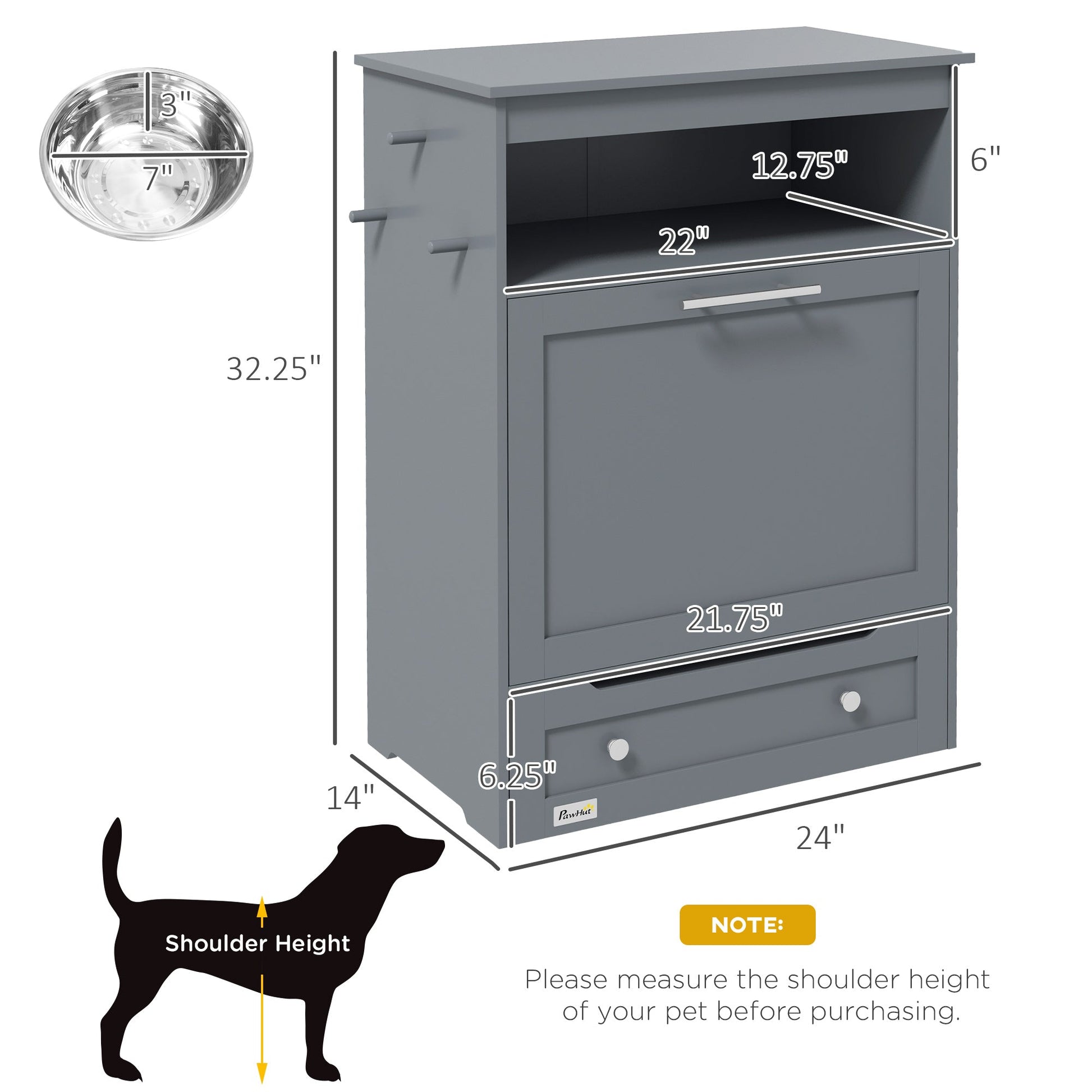 KFX-7994429 Pet Feeder Station with Storage, Raised Bowl, and Hooks for Supplies - Grey