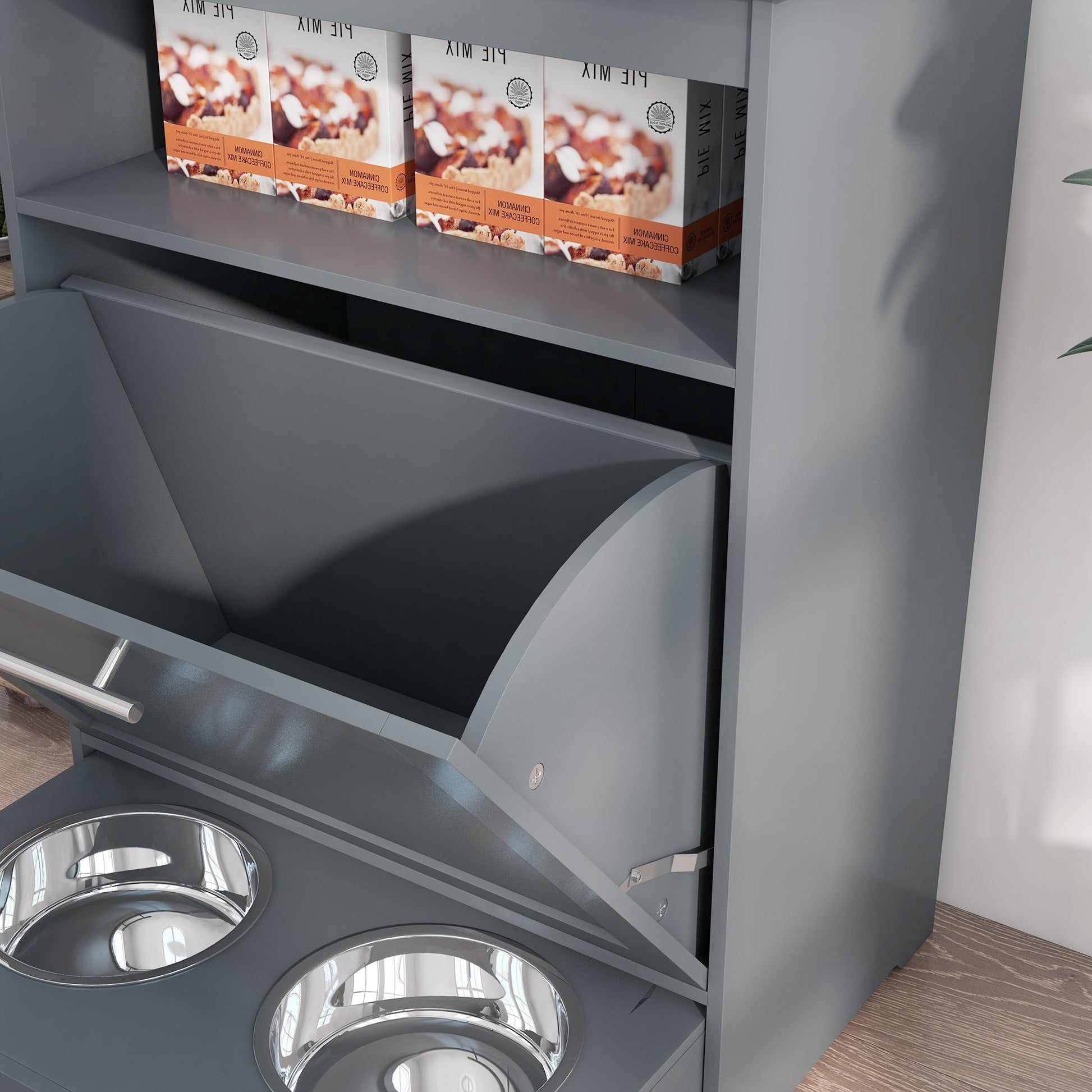 KFX-7994429 Pet Feeder Station with Storage, Raised Bowl, and Hooks for Supplies - Grey