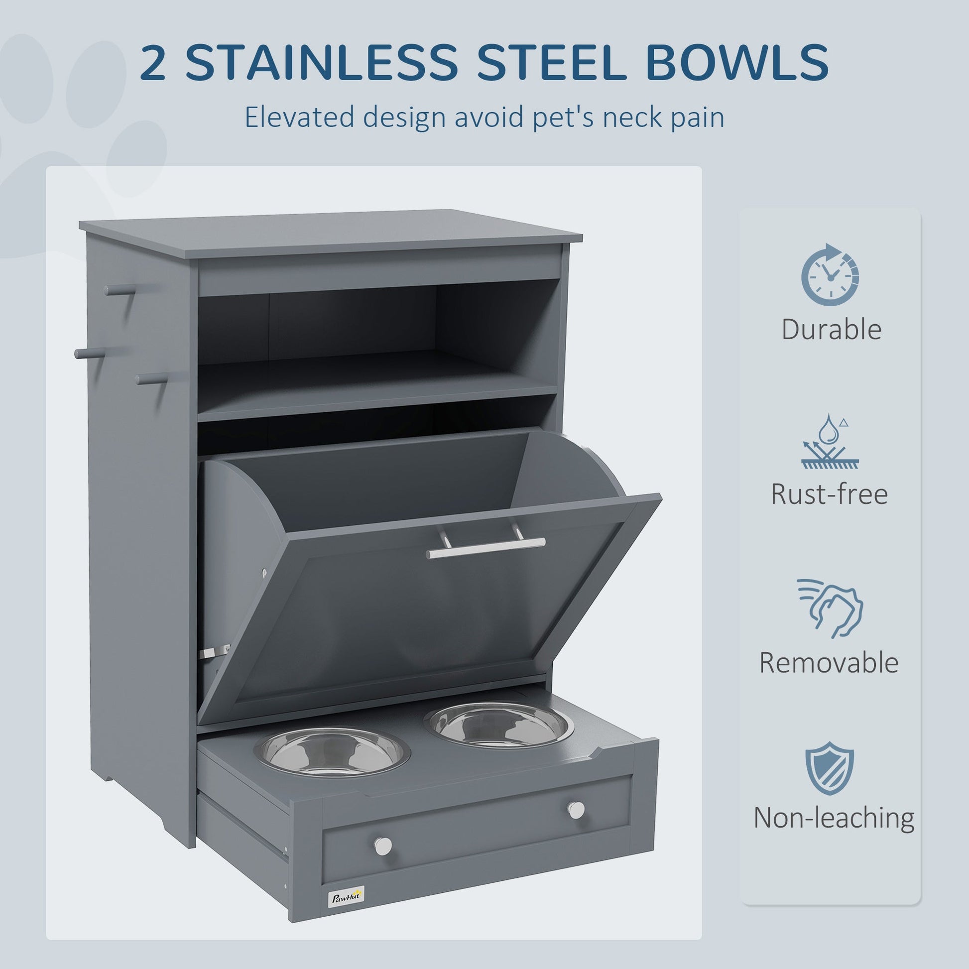 KFX-7994429 Pet Feeder Station with Storage, Raised Bowl, and Hooks for Supplies - Grey