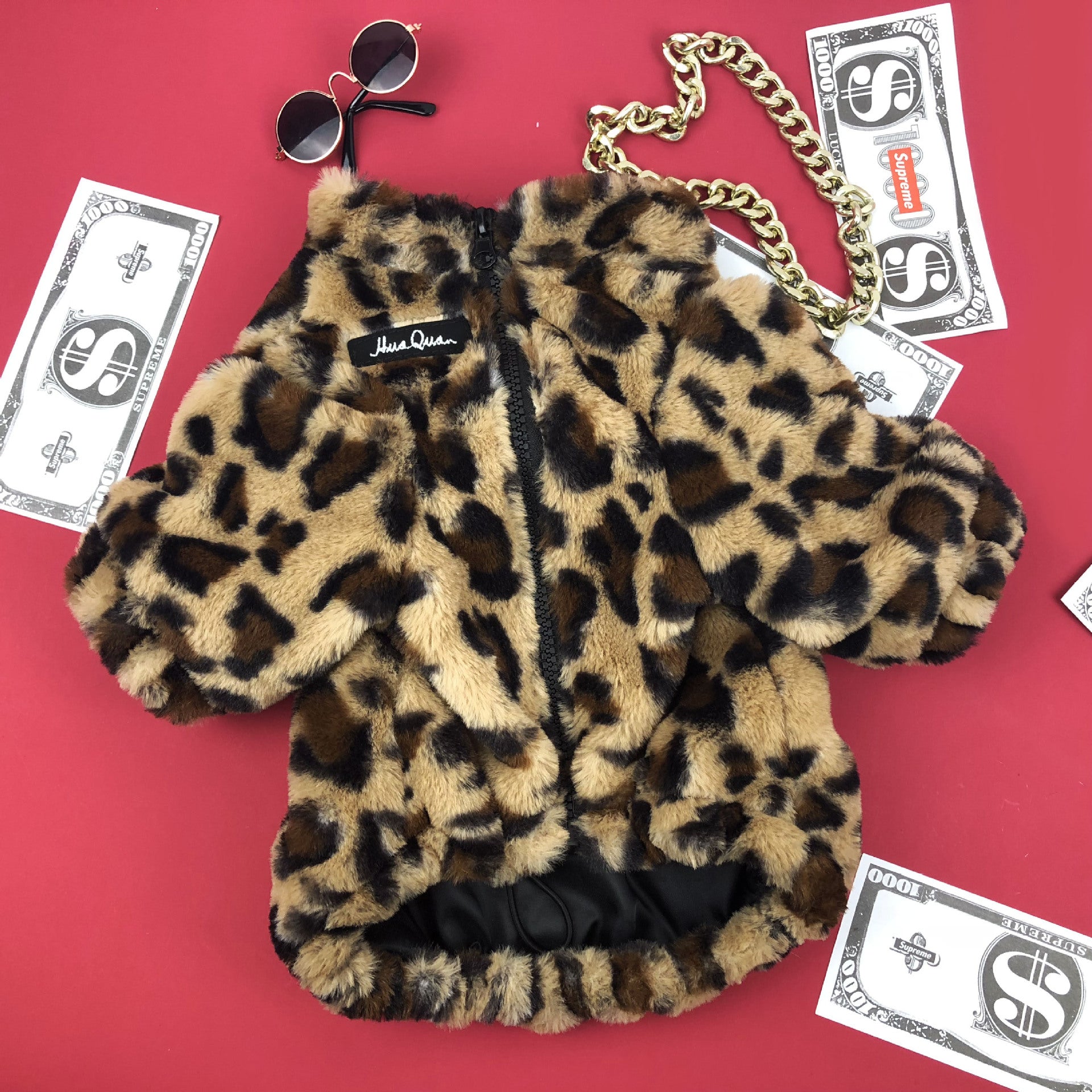 KFX-7996989 Leopard Print Dog Jacket for Spring and Autumn – Thick Polyester Coat for Small Breeds