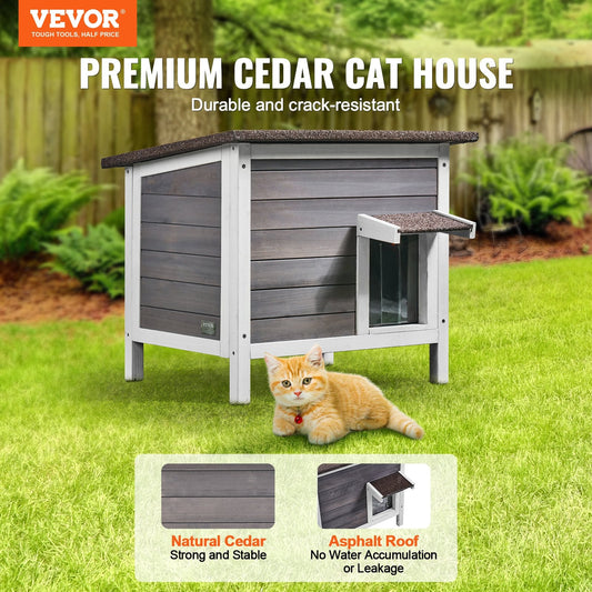 KFX-7999677 Outdoor Wooden Cat Shelter with Insulated Roof and PVC Door Flaps for All-Weather Comfort