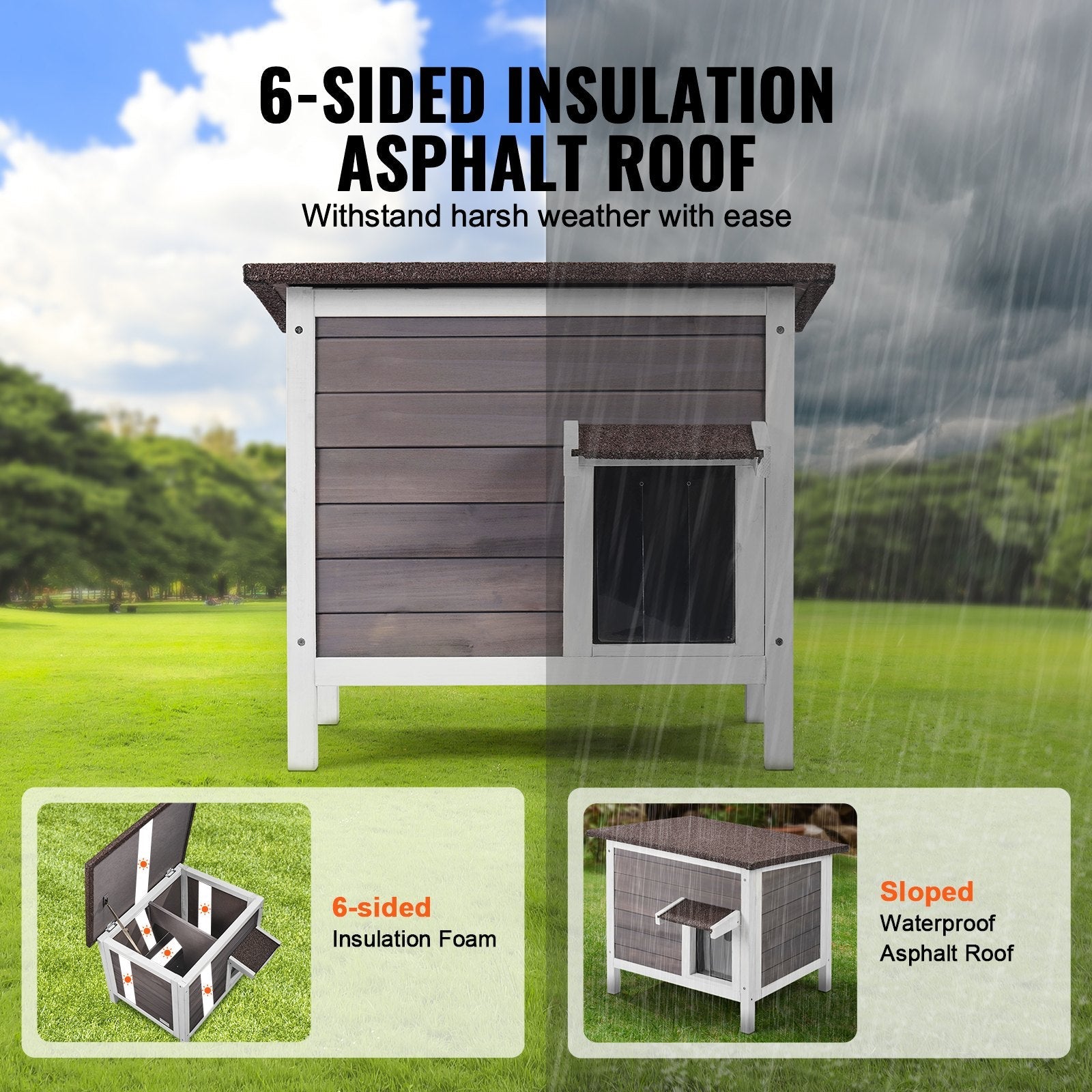 KFX-7999677 Outdoor Wooden Cat Shelter with Insulated Roof and PVC Door Flaps for All-Weather Comfort