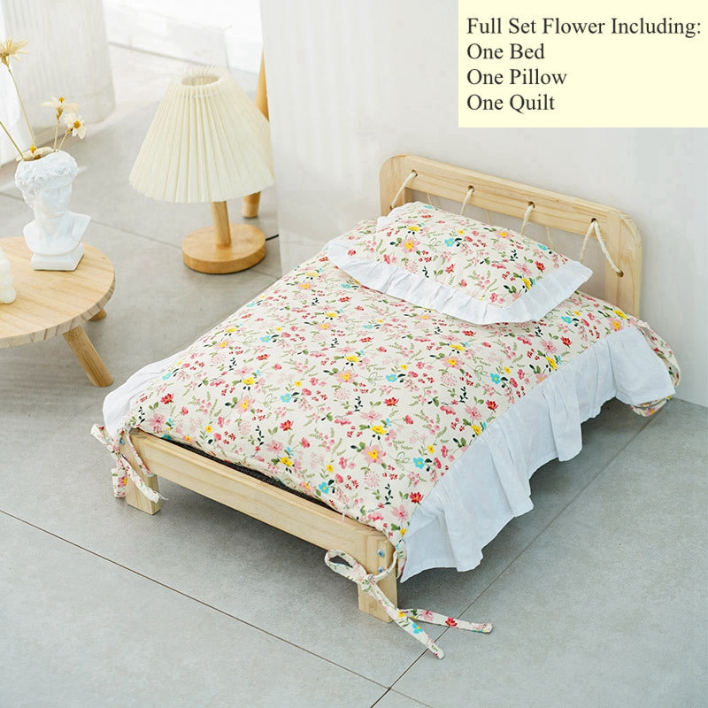 KFX-8000445 Solid Wood Cat Bed with Cozy Mattress and Pillow - Available in Bear and Floral Styles
