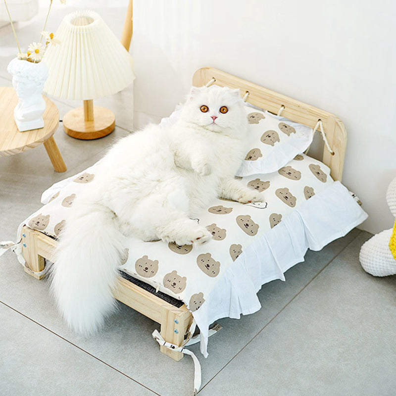 KFX-8000445 Solid Wood Cat Bed with Cozy Mattress and Pillow - Available in Bear and Floral Styles