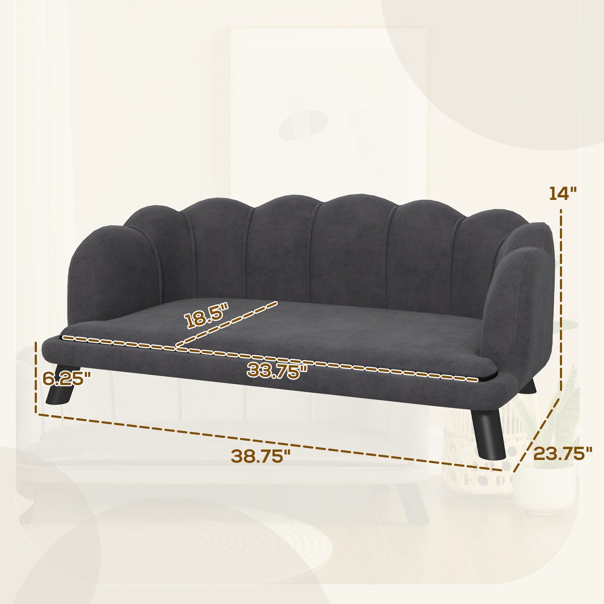 KFX-8016317 Charcoal Gray Velvet Pet Sofa for Medium to Large Dogs with Cushion and Birch Wood Legs
