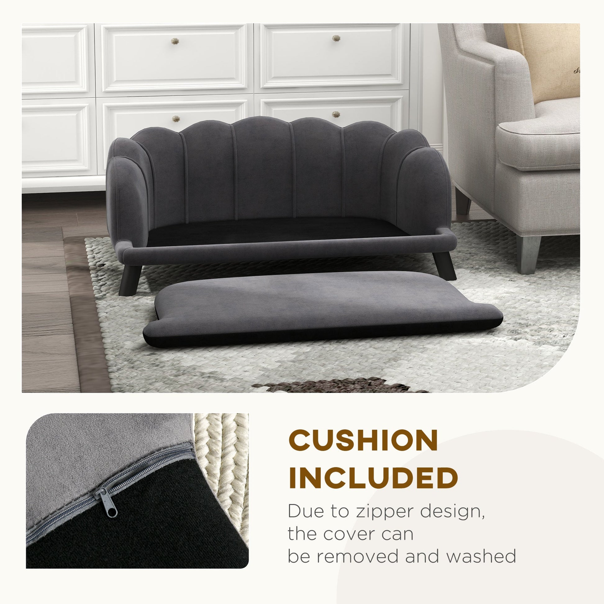 KFX-8016317 Charcoal Gray Velvet Pet Sofa for Medium to Large Dogs with Cushion and Birch Wood Legs