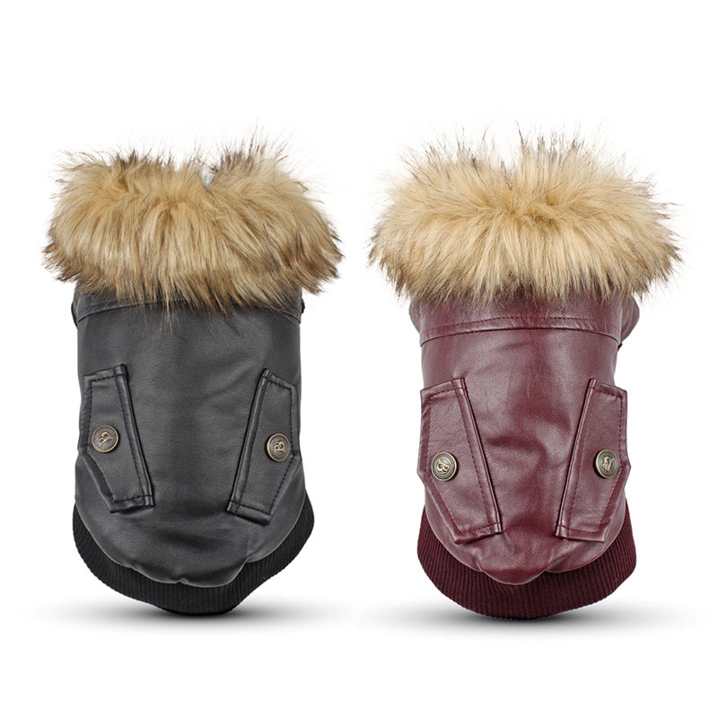 KFX-8017341 Stylish Leather Dog Coat with Fur Collar for Autumn & Winter in Black and Wine Red