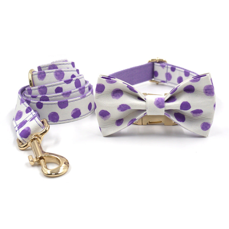 KFX-8017469 Purple Polka Dot Dog Collar and Leash Set with Bow, Ideal for Weddings and Parties