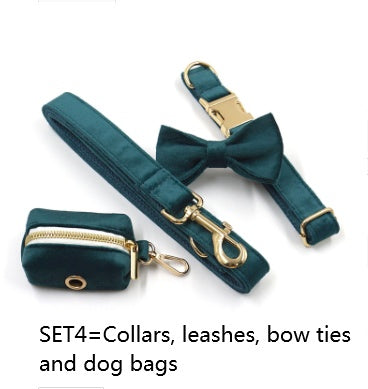 KFX-8023229 Sapphire Green Velvet Pet Collar and Leash Set with Gold Buckle and Bowknot