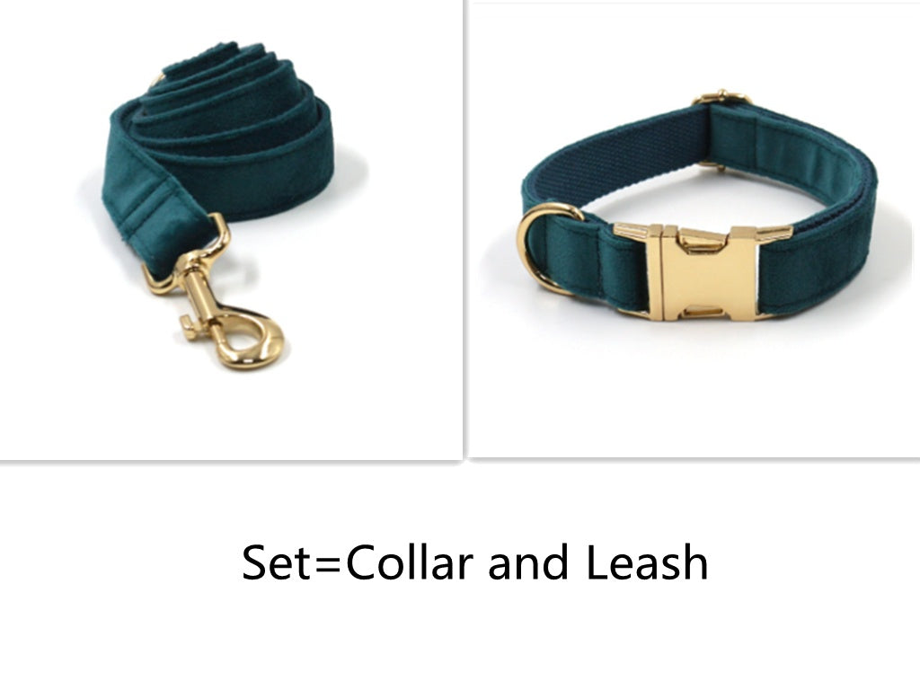 KFX-8023229 Sapphire Green Velvet Pet Collar and Leash Set with Gold Buckle and Bowknot