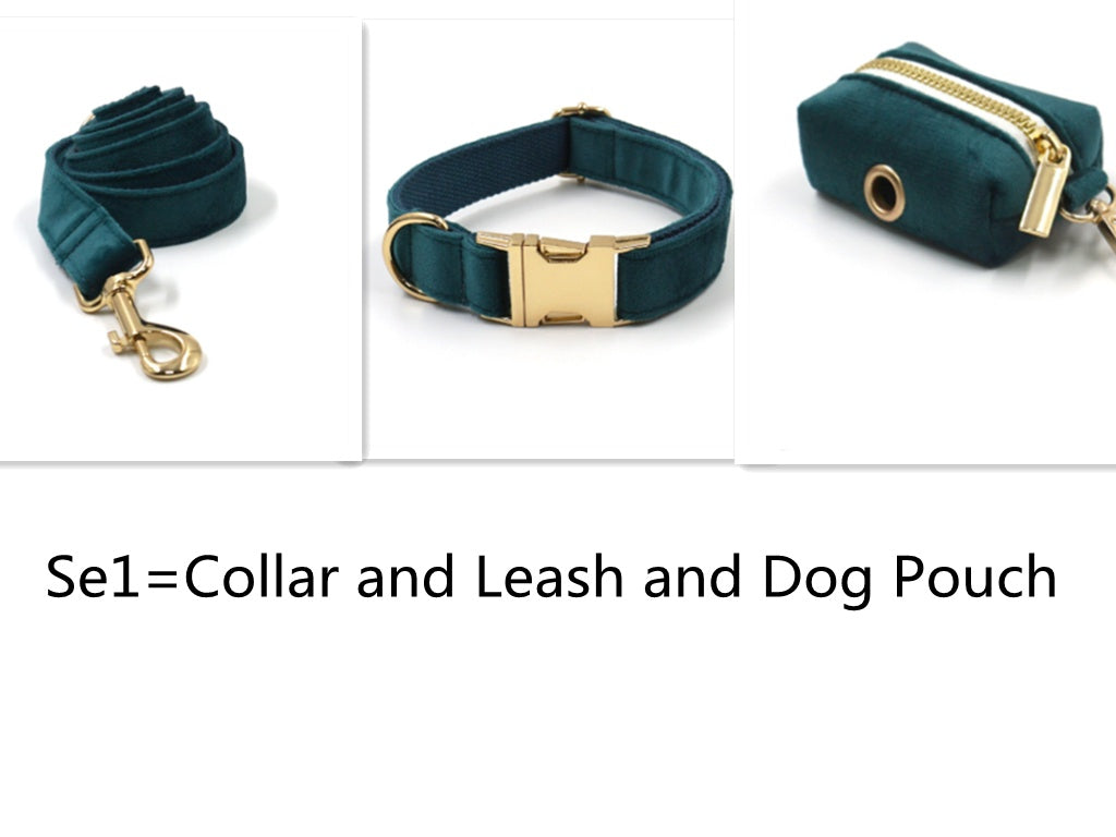KFX-8023229 Sapphire Green Velvet Pet Collar and Leash Set with Gold Buckle and Bowknot