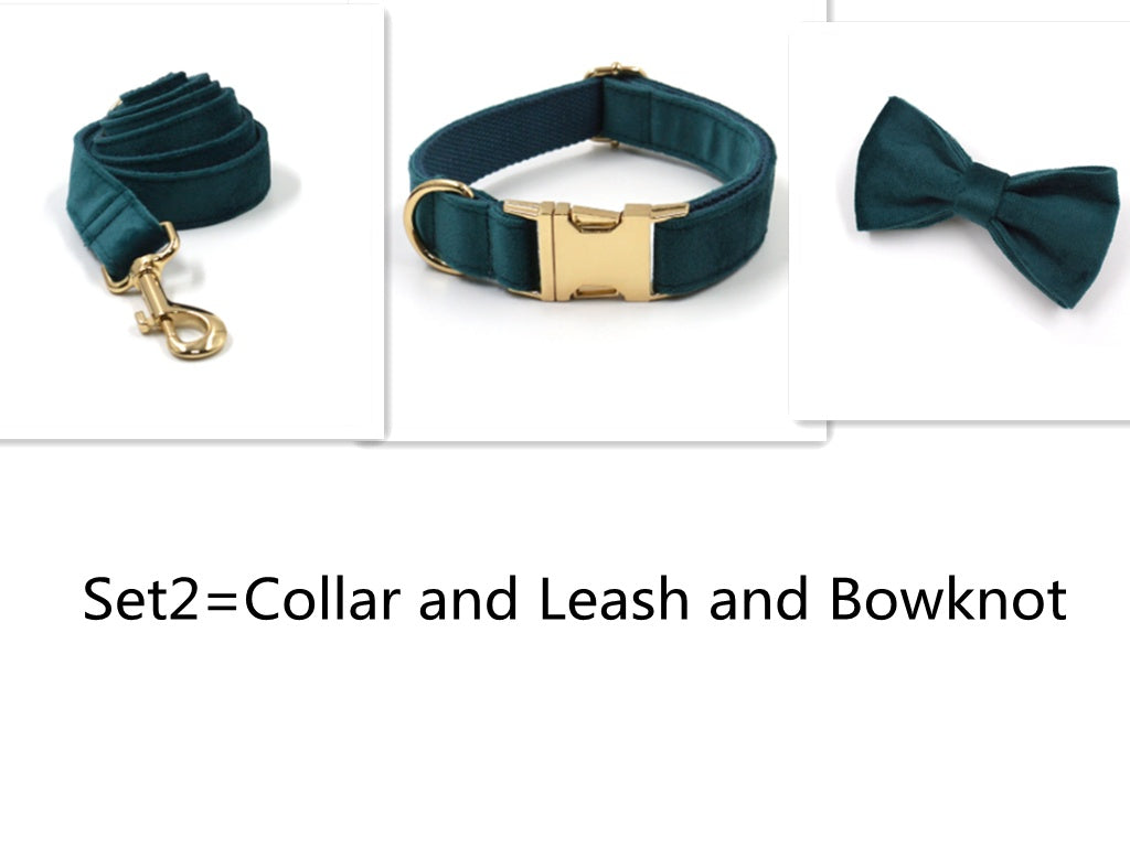 KFX-8023229 Sapphire Green Velvet Pet Collar and Leash Set with Gold Buckle and Bowknot