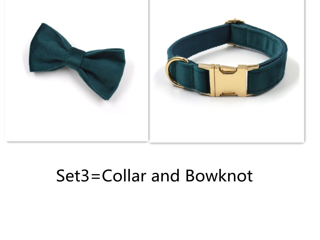 KFX-8023229 Sapphire Green Velvet Pet Collar and Leash Set with Gold Buckle and Bowknot