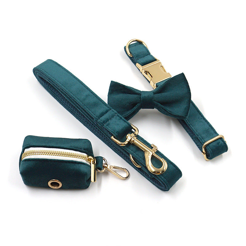 KFX-8023229 Sapphire Green Velvet Pet Collar and Leash Set with Gold Buckle and Bowknot