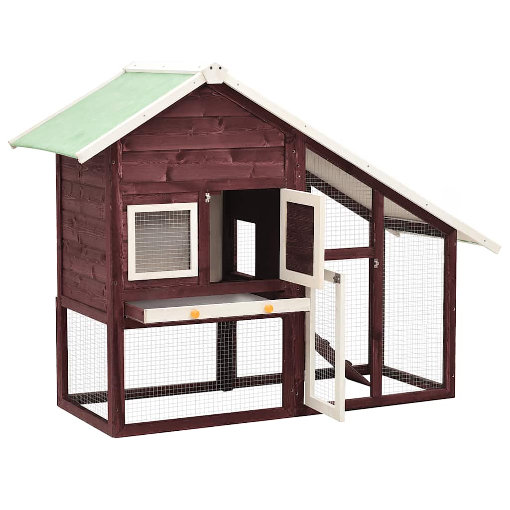 KFX-8025021 Mocha Two-Level Solid Fir Wood Rabbit Hutch with Easy Access Ramp and Pull-Out Cleaning Shelf