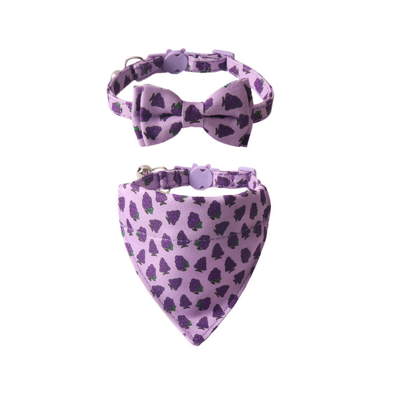 KFX-8025661 Colorful Fruit Series Pet Collar with Bow and Triangular Binder - Watermelon, Lemon, Grape, Peach, Avocado