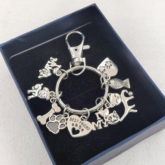 KFX-8026045 Dog Paw and Fish Footprints Metal Key Ring for Pet Lovers