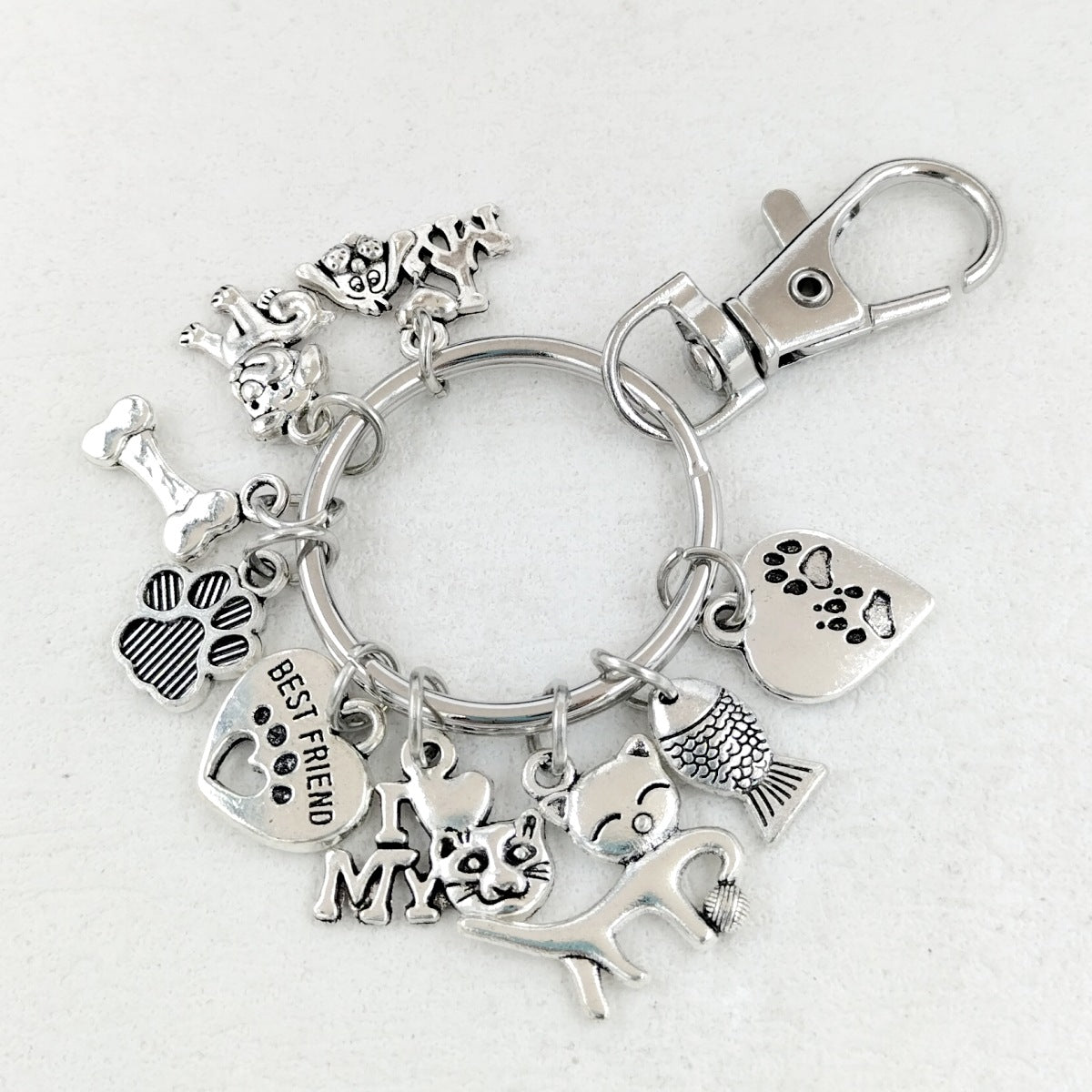 KFX-8026045 Dog Paw and Fish Footprints Metal Key Ring for Pet Lovers